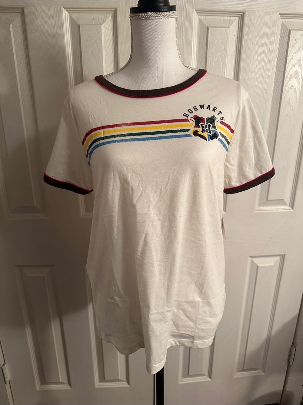 Bioworld White Hogwarts Short Sleeve Ringer Tee with Multicolor Stripes